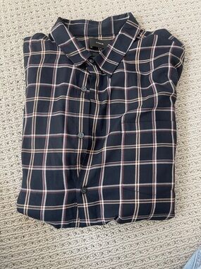 Vince Navy Plaid Button-Down Shirt with Cream and Burgundy Windowpane